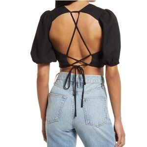**DONATED**LULU’S Subtle Flirt Puff Sleeve Lace-Up Crop Top